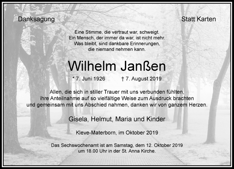 Traueranzeige für Wilhelm Janßen vom 09.10.2019 aus Rheinische Post