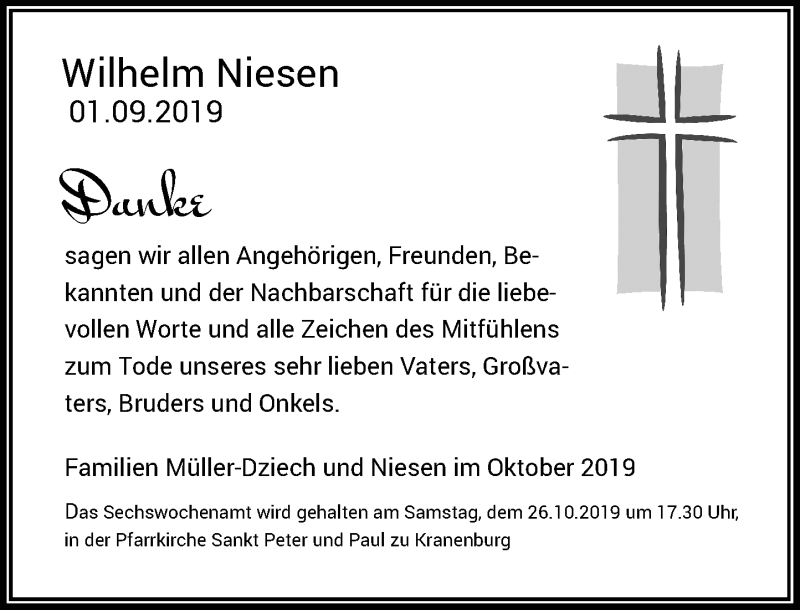  Traueranzeige für Wilhelm Niesen vom 09.10.2019 aus Rheinische Post