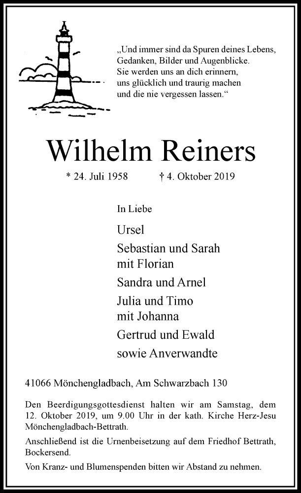  Traueranzeige für Wilhelm Reiners vom 09.10.2019 aus Rheinische Post