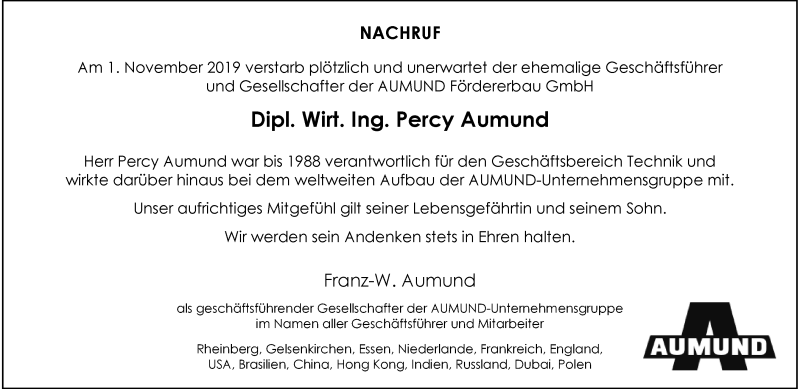  Traueranzeige für Percy Aumund vom 06.11.2019 aus Rheinische Post