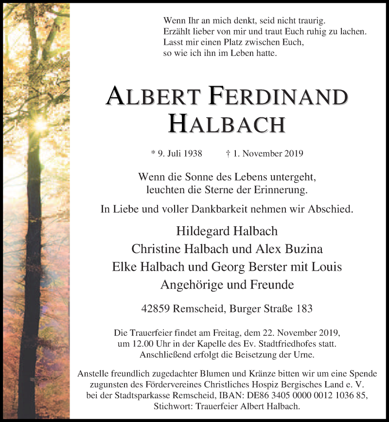  Traueranzeige für Albert Ferdinand Halbach vom 16.11.2019 aus Rheinische Post