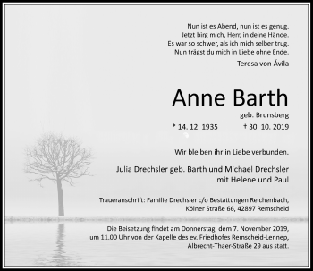 Traueranzeige von Anne Barth von Rheinische Post