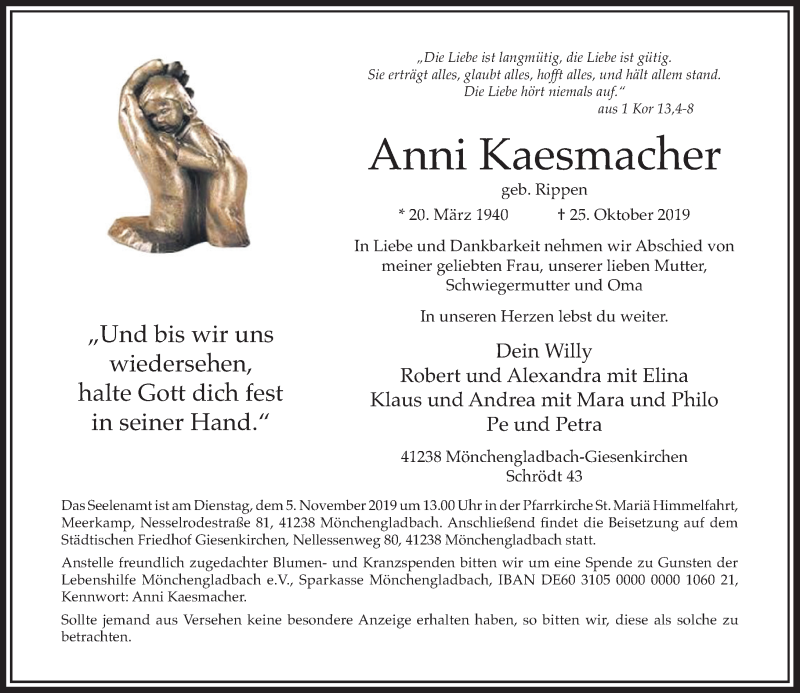  Traueranzeige für Anni Kaesmacher vom 02.11.2019 aus Rheinische Post