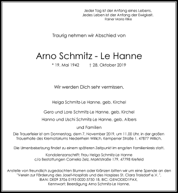 Traueranzeige von Arno Schmitz-Le Hanne von Rheinische Post