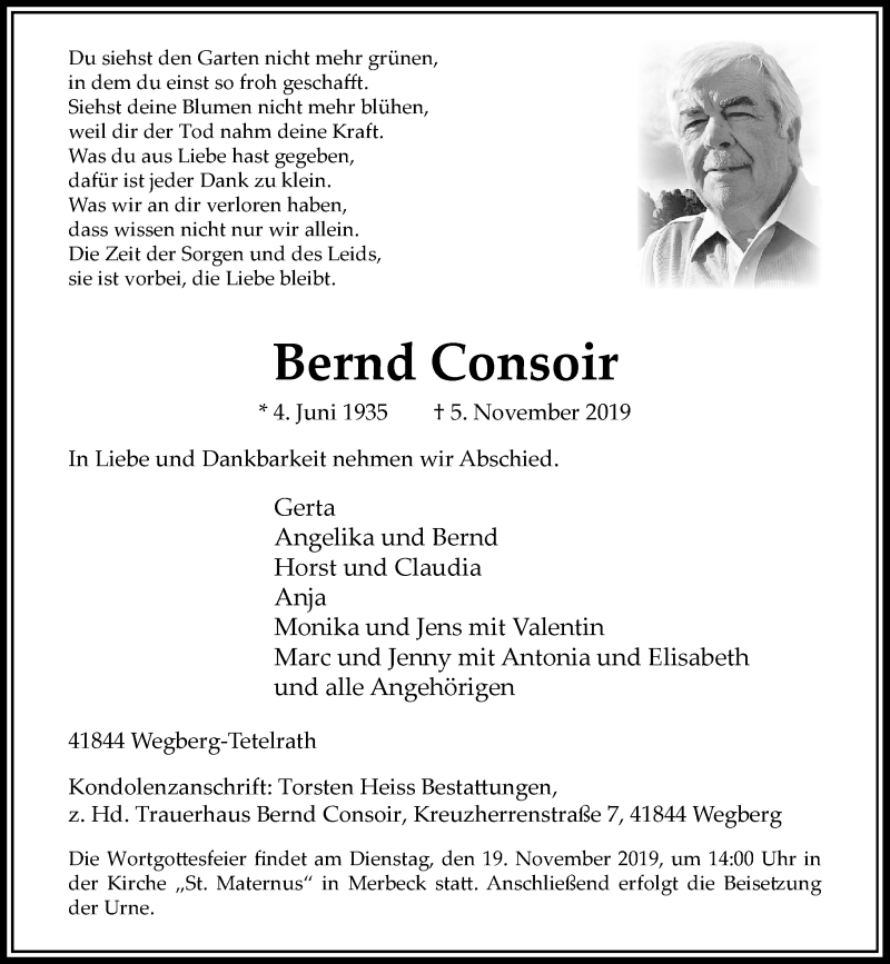  Traueranzeige für Bernd Consoir vom 09.11.2019 aus Rheinische Post