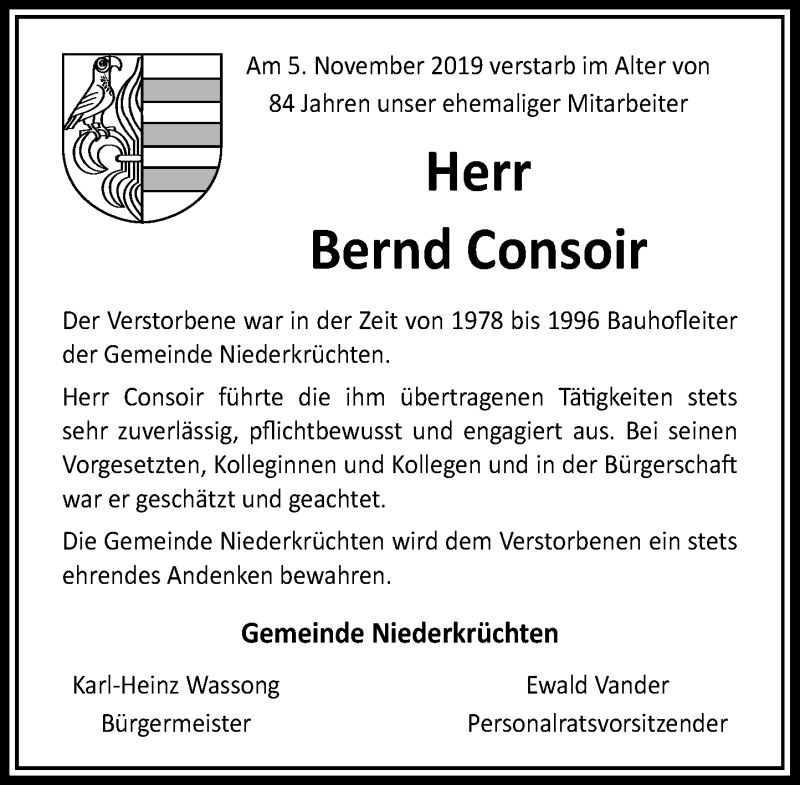  Traueranzeige für Bernd Consoir vom 15.11.2019 aus Rheinische Post
