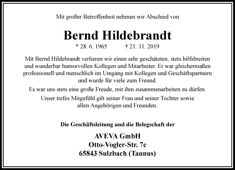 Traueranzeige für Bernd Hildebrandt vom 27.11.2019 aus Rheinische Post