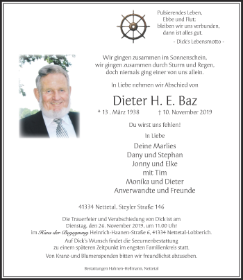 Traueranzeige von Dieter Baz von Rheinische Post