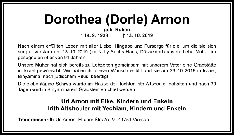  Traueranzeige für Dorothea Arnon vom 09.11.2019 aus Rheinische Post