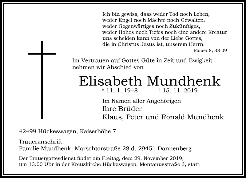  Traueranzeige für Elisabeth Mundhenk vom 26.11.2019 aus Rheinische Post