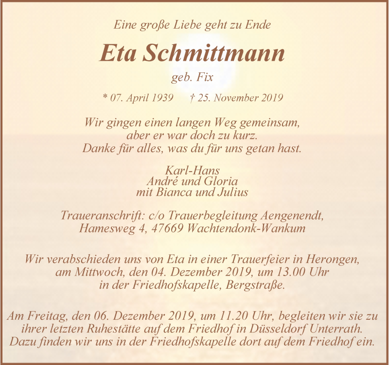  Traueranzeige für Eta Schmittmann vom 30.11.2019 aus Rheinische Post