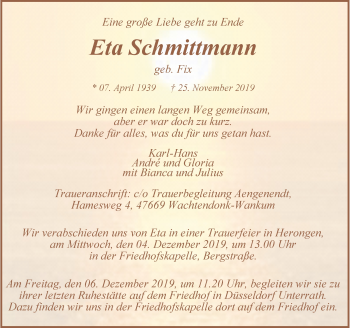 Traueranzeige von Eta Schmittmann von Rheinische Post