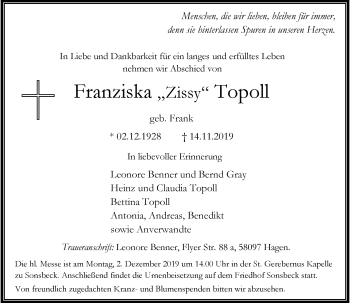 Traueranzeige von Franziska Zissy Topoll von Rheinische Post