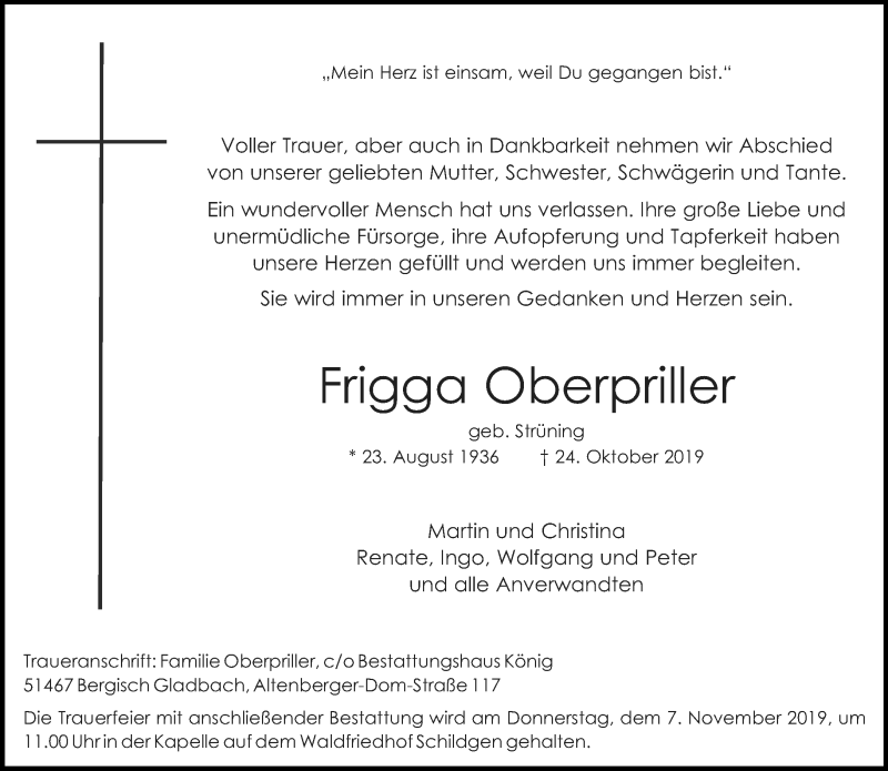  Traueranzeige für Frigga Oberpriller vom 02.11.2019 aus Rheinische Post