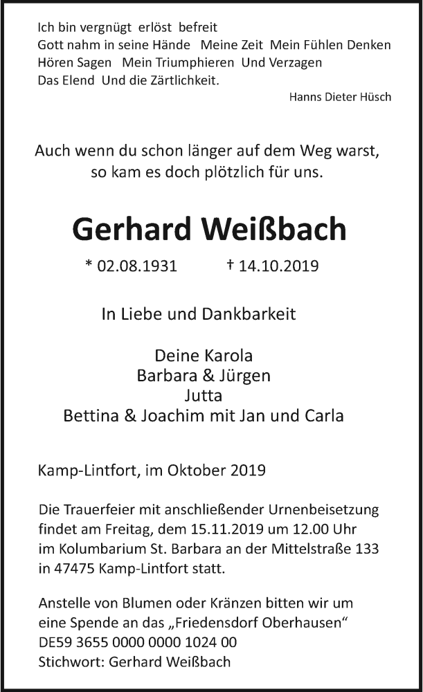  Traueranzeige für Gerhard Weißbach vom 09.11.2019 aus Rheinische Post