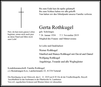 Traueranzeige von Gerta Rothkugel von Rheinische Post