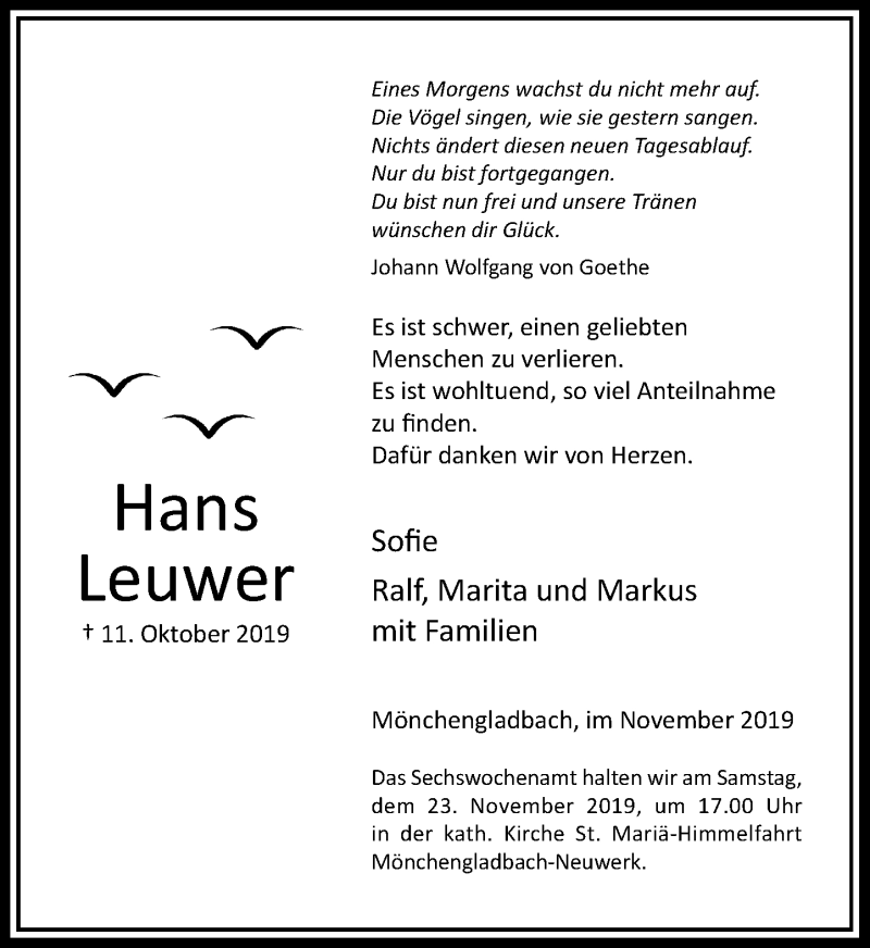  Traueranzeige für Hans Leuwer vom 16.11.2019 aus Rheinische Post