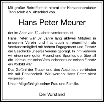 Traueranzeige von Hans Peter Meurer von Rheinische Post