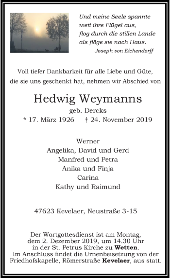 Traueranzeige von Hedwig Weymanns von Rheinische Post