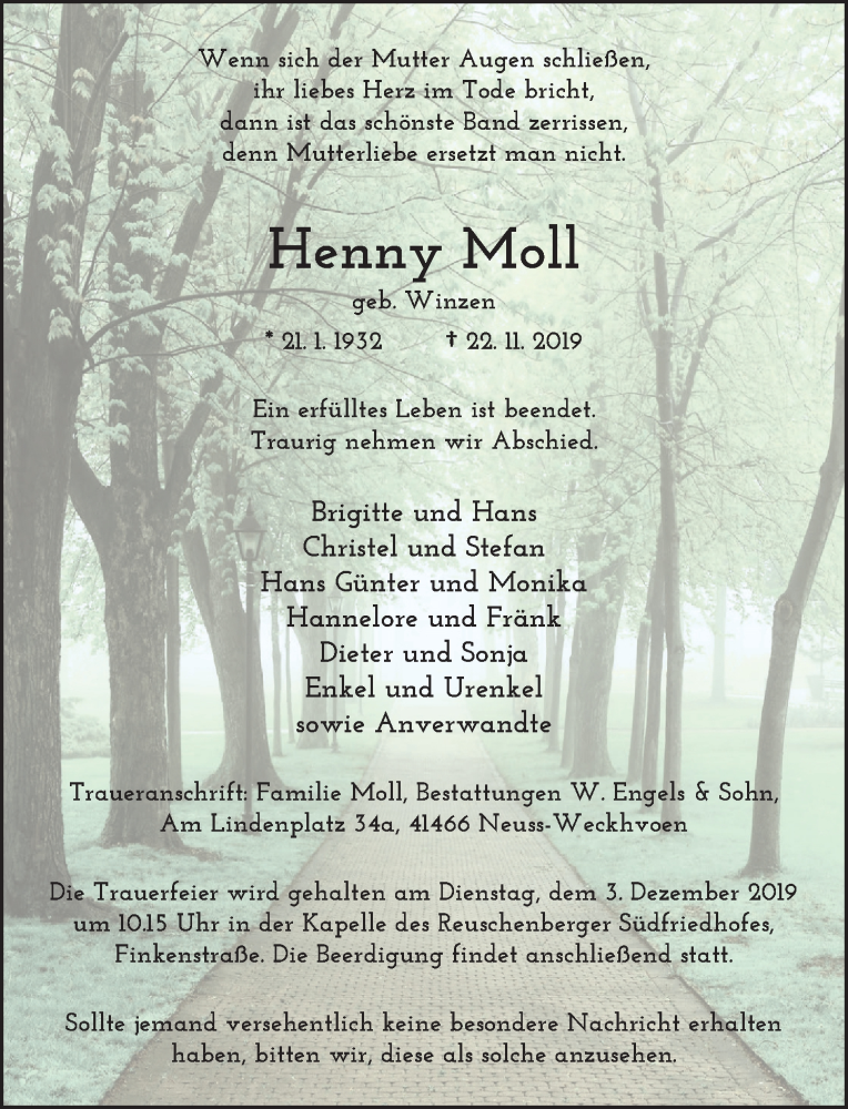  Traueranzeige für Henny Moll vom 27.11.2019 aus Rheinische Post