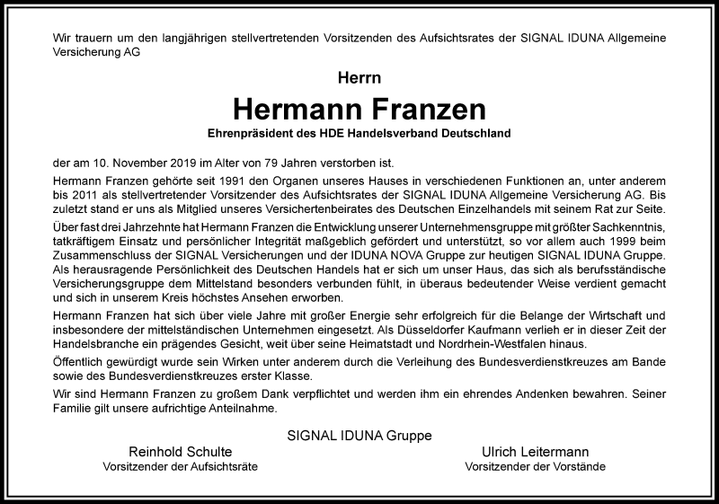  Traueranzeige für Hermann Franzen vom 16.11.2019 aus Rheinische Post