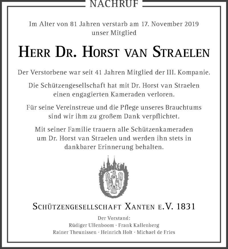  Traueranzeige für Horst van Straelen vom 26.11.2019 aus Rheinische Post