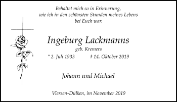 Traueranzeige von Ingeburg Lackmanns von Rheinische Post
