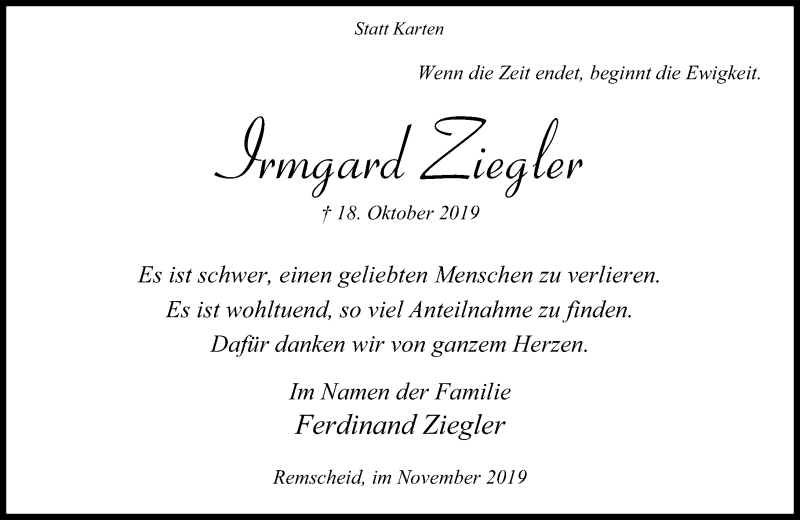  Traueranzeige für Irmgard Ziegler vom 16.11.2019 aus Rheinische Post