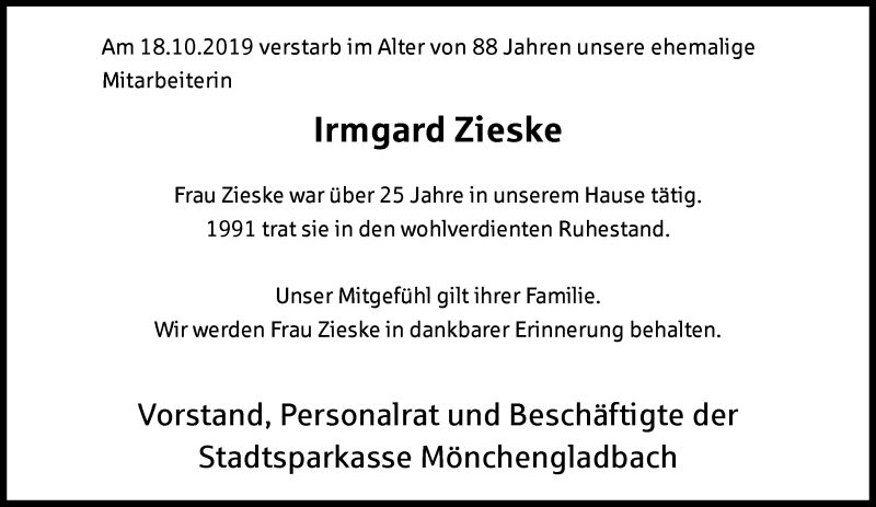  Traueranzeige für Irmgard Zieske vom 23.11.2019 aus Rheinische Post