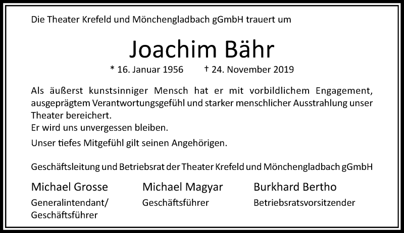  Traueranzeige für Joachim Bähr vom 28.11.2019 aus Rheinische Post
