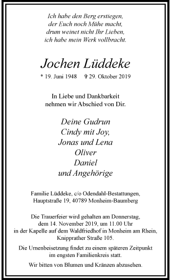 Traueranzeige von Jochen Lüddeke von Rheinische Post