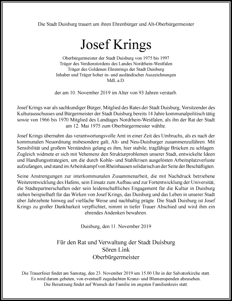  Traueranzeige für Josef Krings vom 13.11.2019 aus Rheinische Post