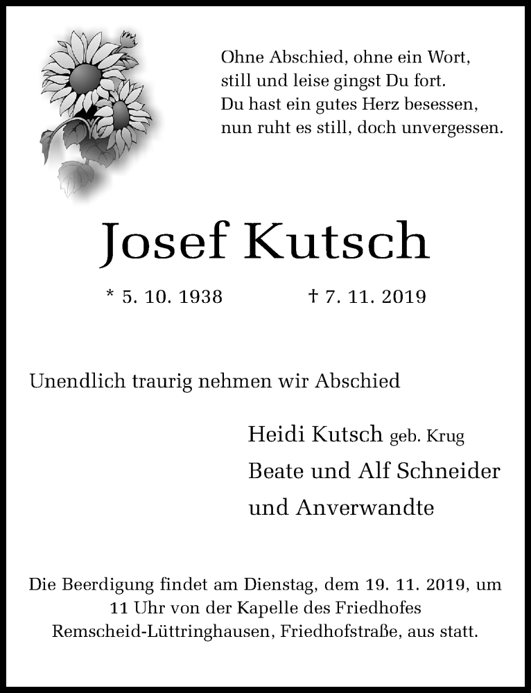  Traueranzeige für Josef Kutsch vom 16.11.2019 aus Rheinische Post