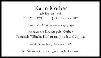 Traueranzeige von Karin Körber von Rheinische Post