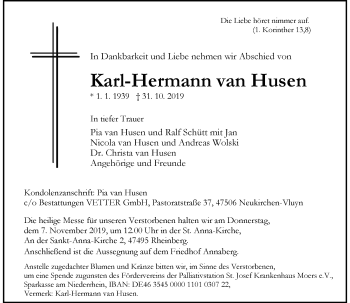 Traueranzeige von Karl-Hermann van Husen von Rheinische Post