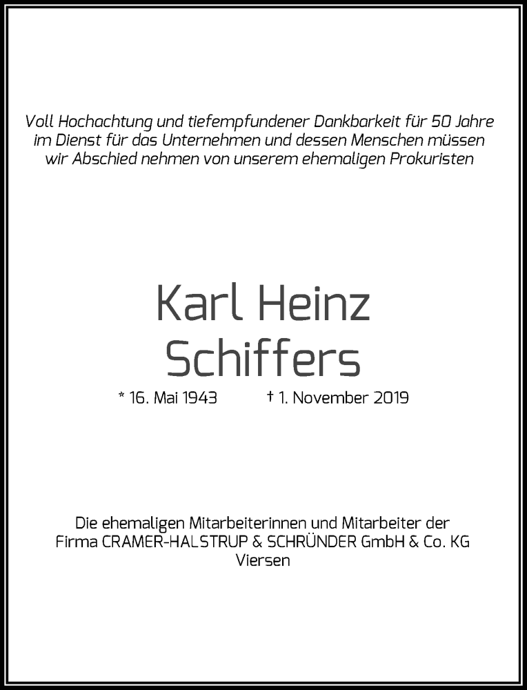  Traueranzeige für Karl Heinz Schiffers vom 09.11.2019 aus Rheinische Post
