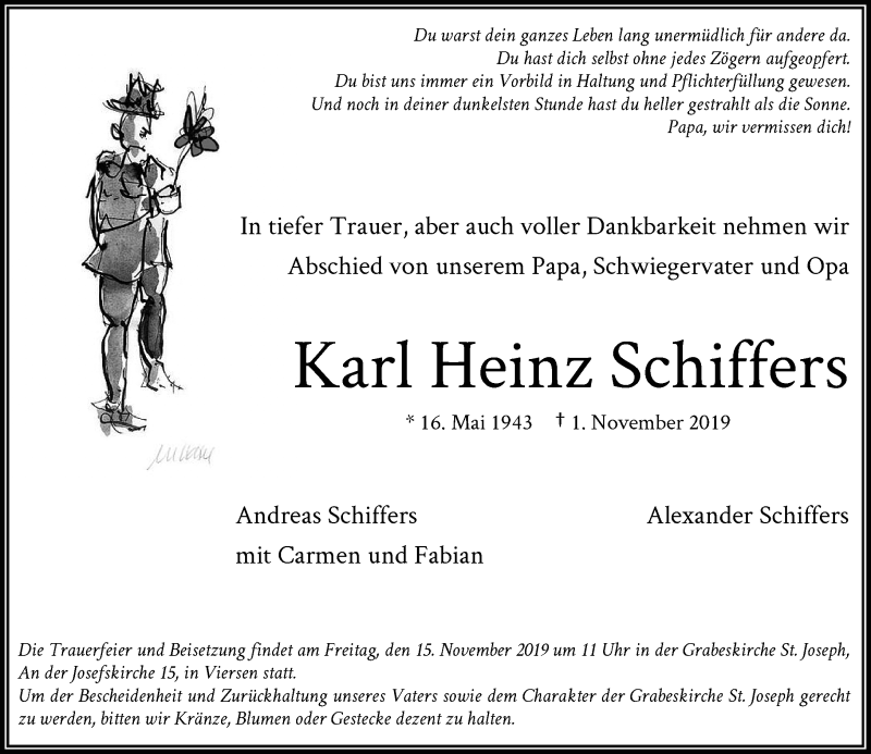  Traueranzeige für Karl Heinz Schiffers vom 09.11.2019 aus Rheinische Post