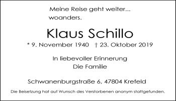 Traueranzeige von Klaus Schillo von Rheinische Post