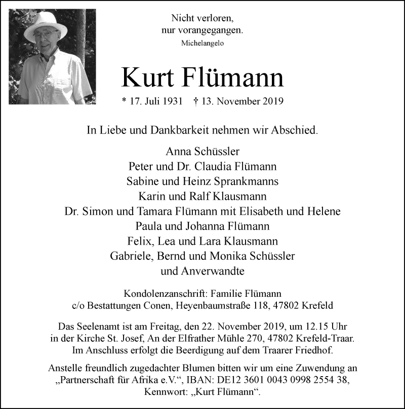  Traueranzeige für Kurt Flümann vom 16.11.2019 aus Rheinische Post