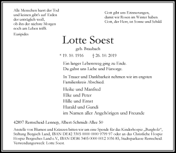 Traueranzeige von Lotte Soest von Rheinische Post