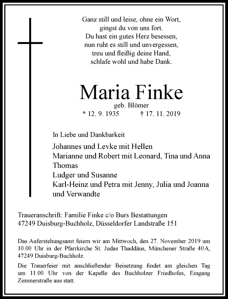  Traueranzeige für Maria Finke vom 25.11.2019 aus Rheinische Post