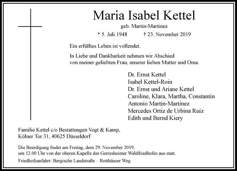  Traueranzeige für Maria Isabel Kettel vom 27.11.2019 aus Rheinische Post