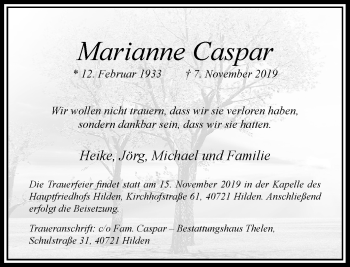 Traueranzeige von Marianne Caspar von Rheinische Post