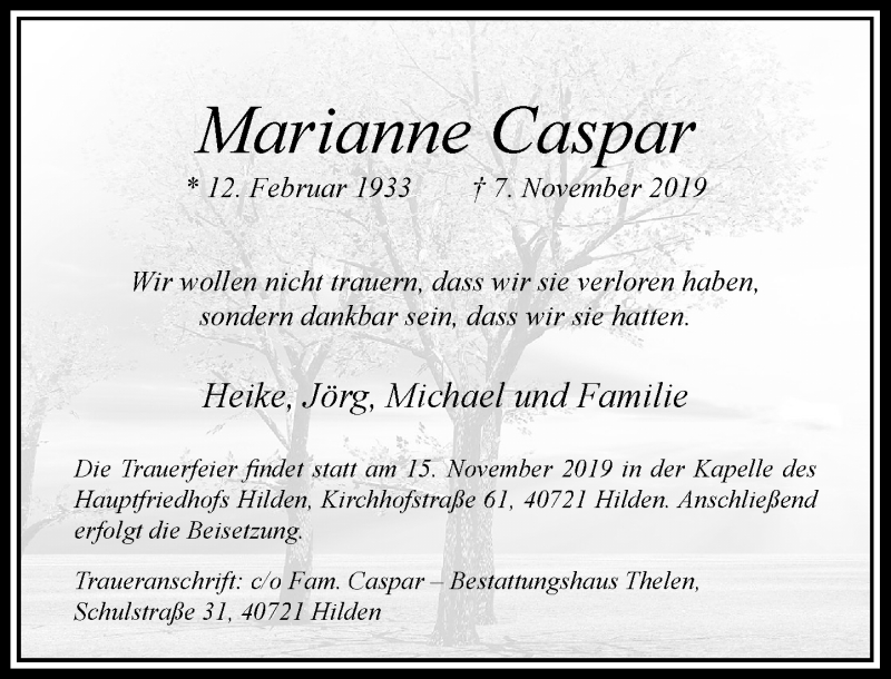  Traueranzeige für Marianne Caspar vom 09.11.2019 aus Rheinische Post