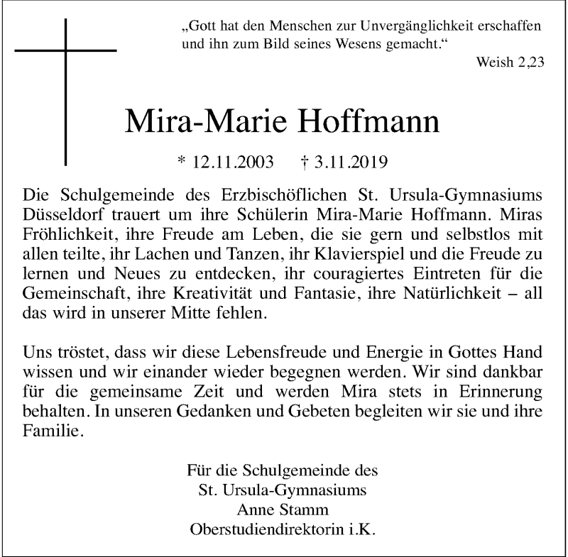  Traueranzeige für Mira-Marie Hoffmann vom 16.11.2019 aus Rheinische Post