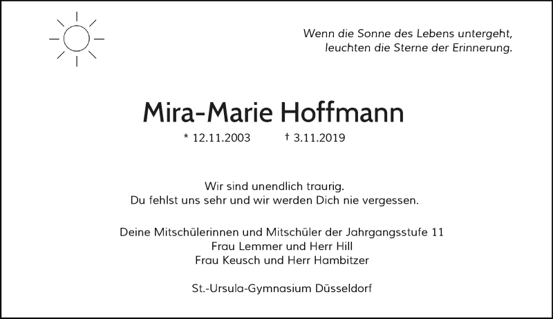  Traueranzeige für Mira-Marie Hoffmann vom 13.11.2019 aus Rheinische Post