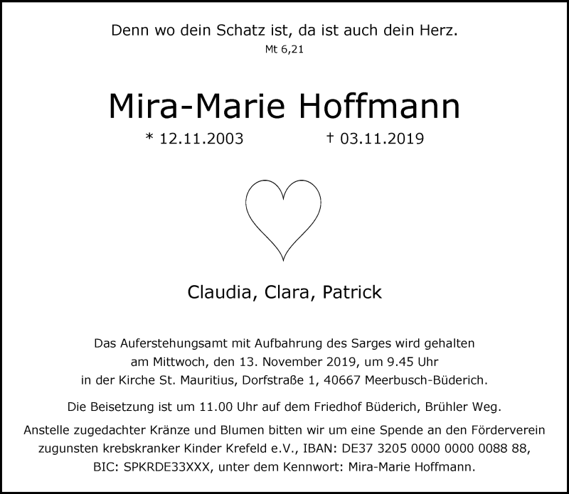  Traueranzeige für Mira-Marie Hoffmann vom 09.11.2019 aus Rheinische Post