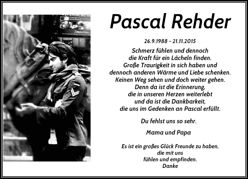  Traueranzeige für Pascal Rehder vom 23.11.2019 aus Rheinische Post