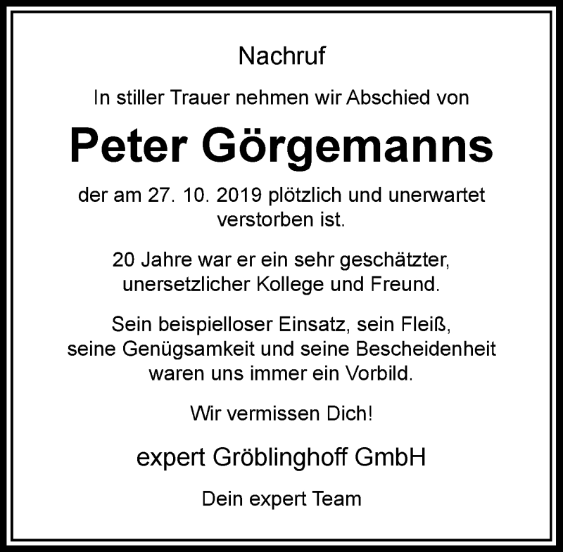  Traueranzeige für Peter Görgemanns vom 06.11.2019 aus Rheinische Post