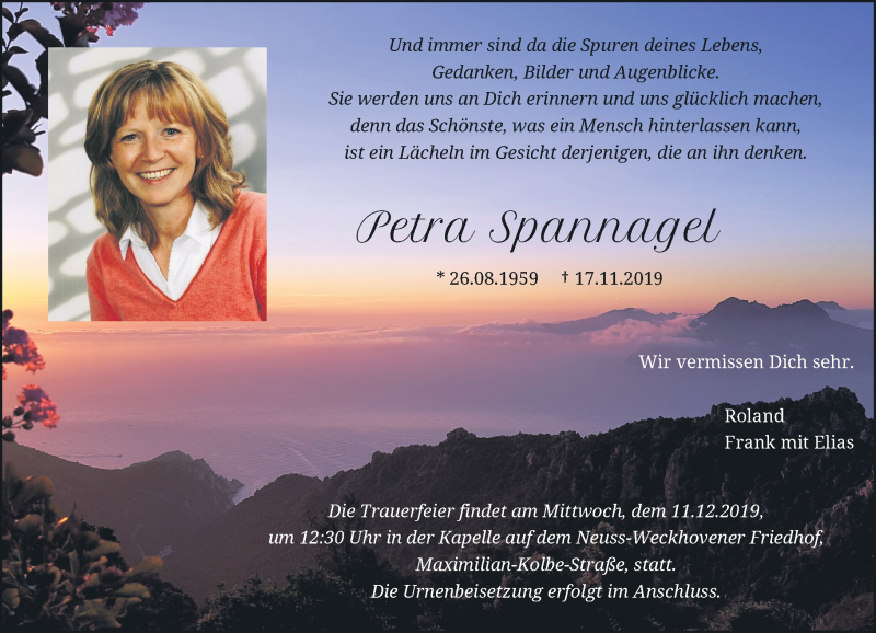  Traueranzeige für Petra Spannagel vom 30.11.2019 aus Rheinische Post